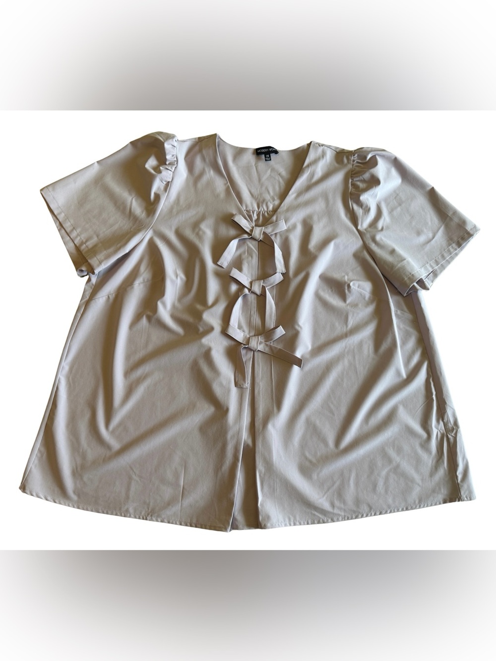 Modern Works 2X Bow Front Puff Sleeve Blouse Light Purple Plus Size Top Pastel